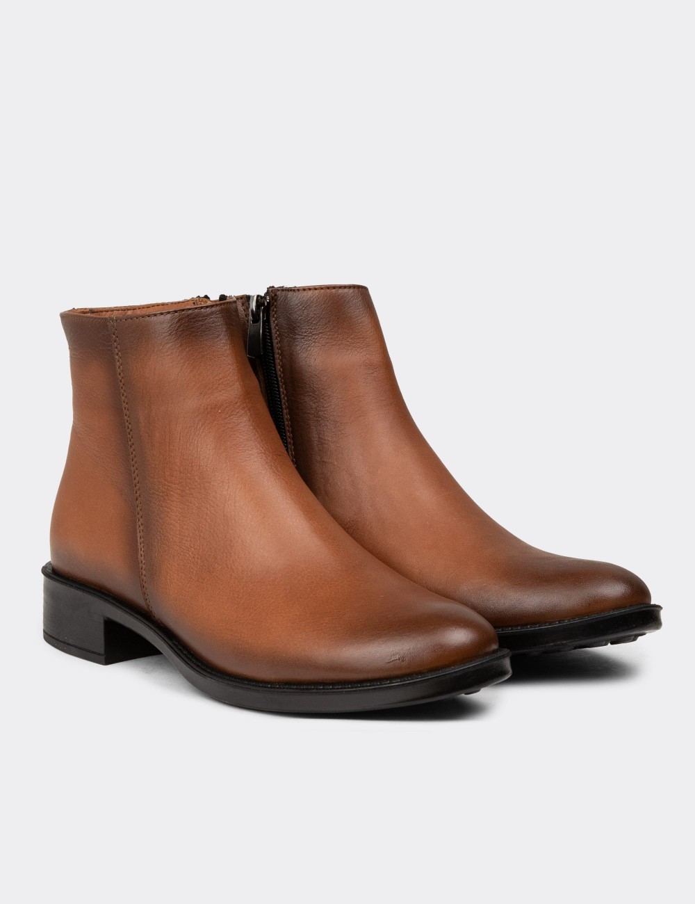 Women's Tan Leather Ankle Boots - SE391ZTBAE01