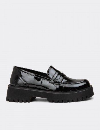 Womens Black Glossy Loafers
