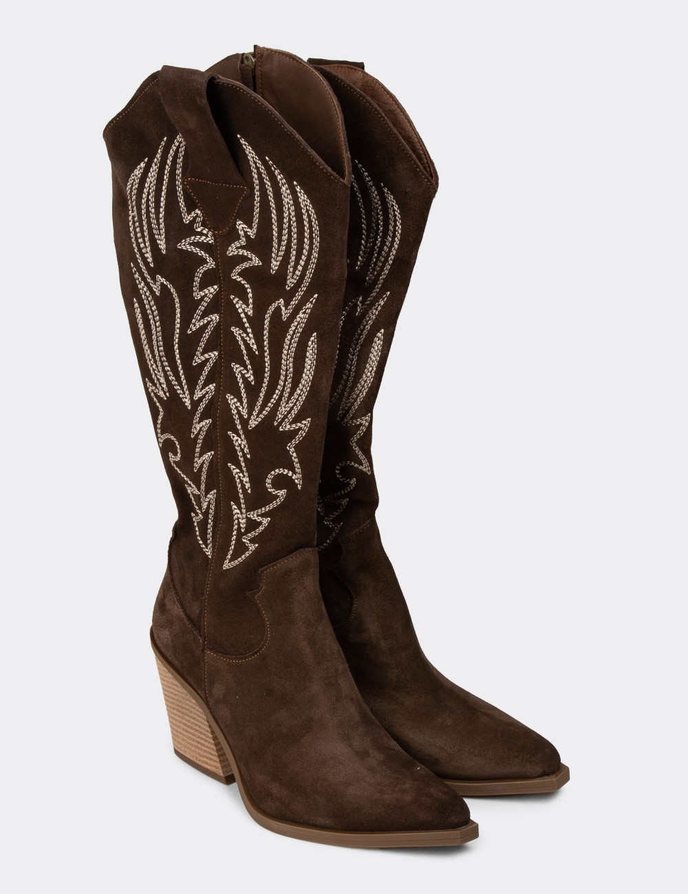 Women's Brown Suede Leather Western Boots - Z1614ZKHVC01