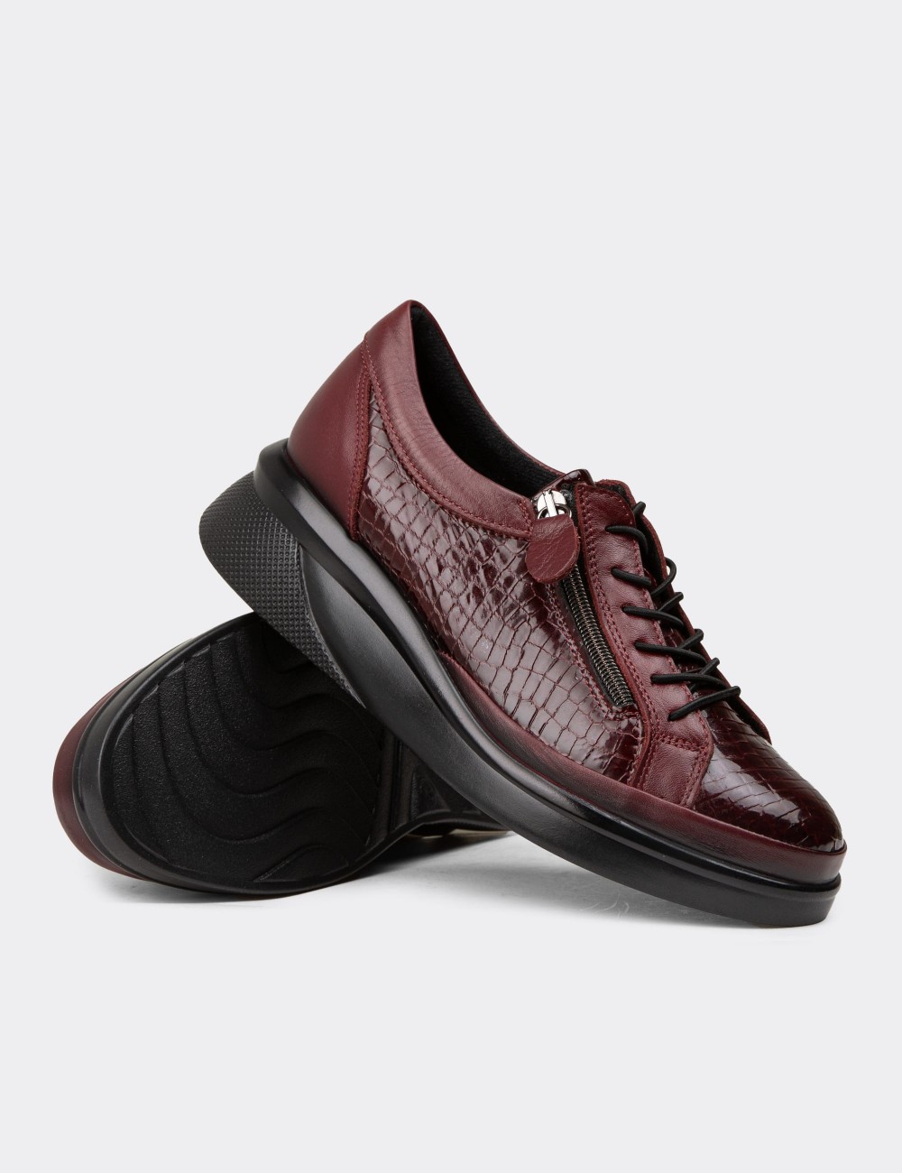 Women's Burgundy Leather Lace-up Shoes - N0311ZBRDE01