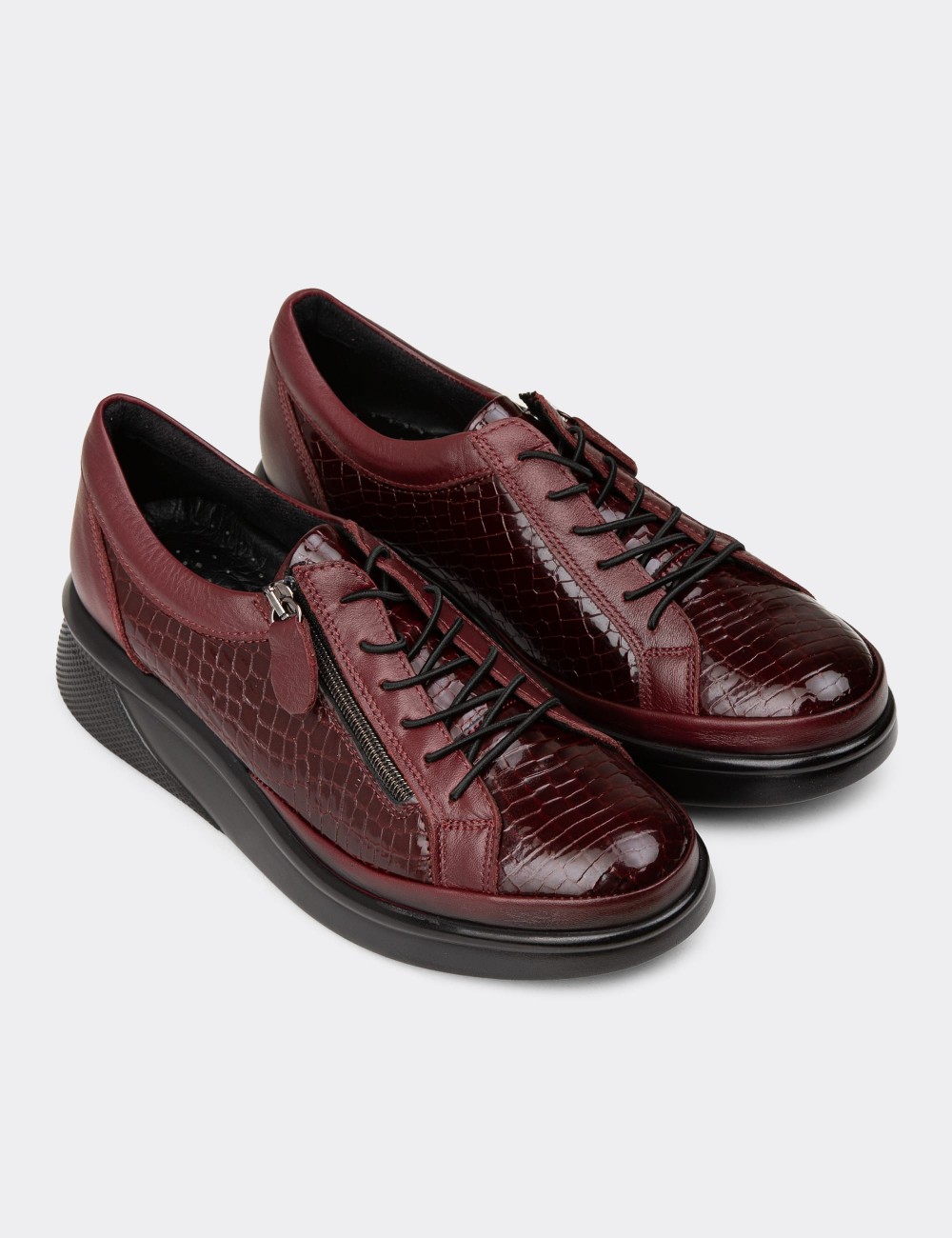Women's Burgundy Leather Lace-up Shoes - N0311ZBRDE01