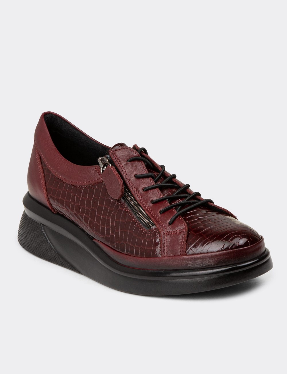 Women's Burgundy Leather Lace-up Shoes - N0311ZBRDE01