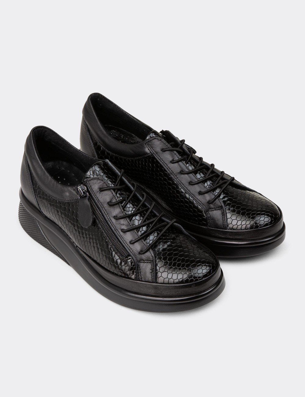 Women's Black Leather Lace-up Shoes - N0311ZSYHE01