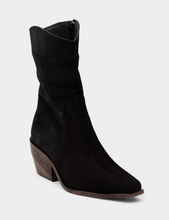 Women's Black Suede Leather Cowboy Boots