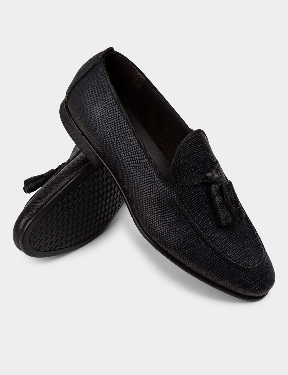 Men's Navy Leather Loafers - 01701MLCVC24