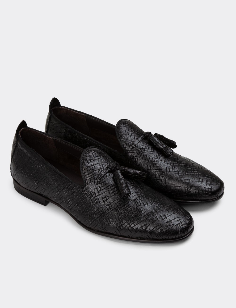 Men's Black Leather Loafers - 01702MSYHC20