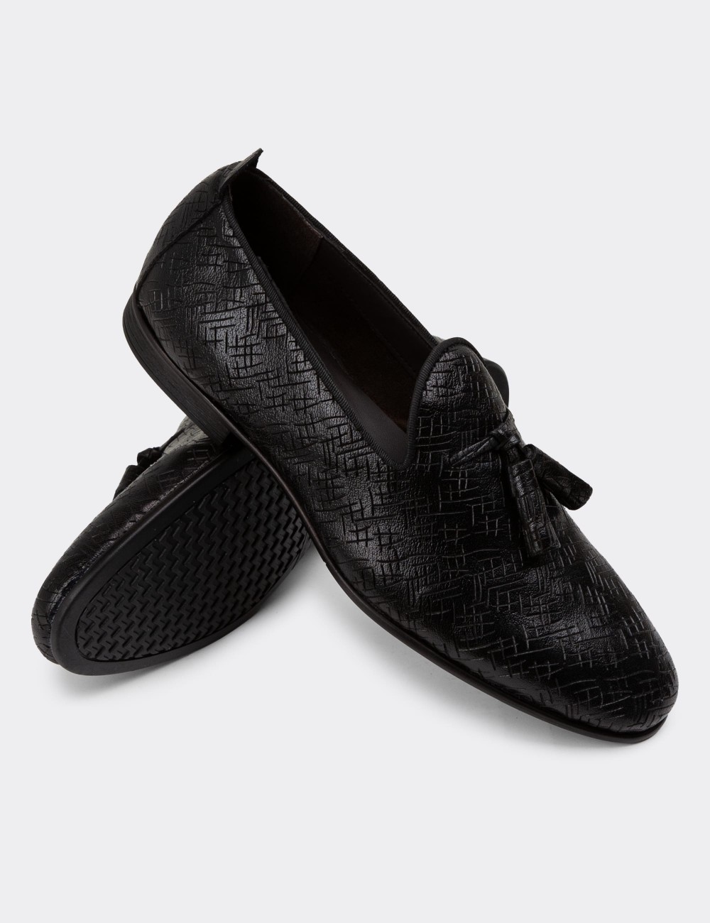 Men's Black Leather Loafers - 01702MSYHC20