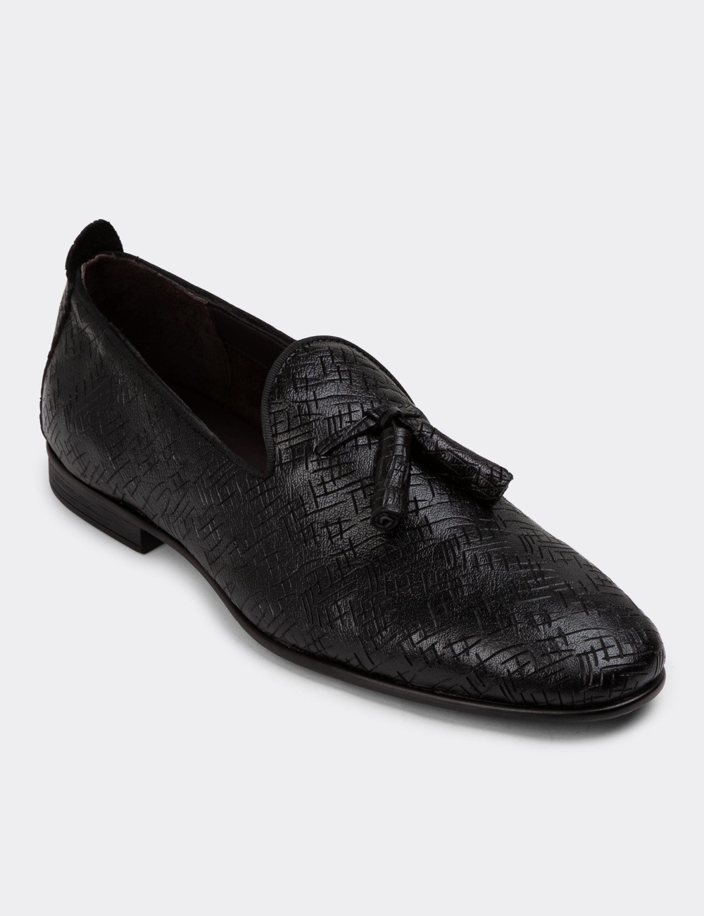 Men's Black Leather Loafers - 01702MSYHC20