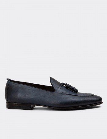 Men's Navy Leather Loafers - 01701MLCVC31