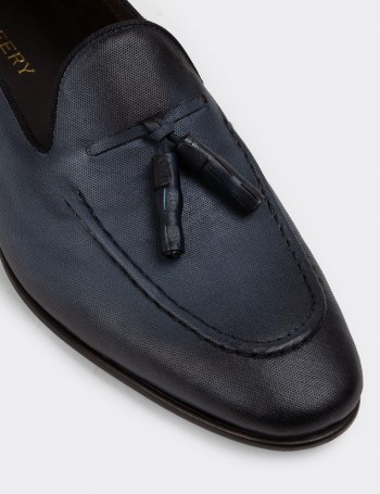 Men's Navy Leather Loafers - 01701MLCVC31