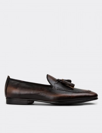 Men's Vintage Brown Leather Loafers - 01701MKHVC29