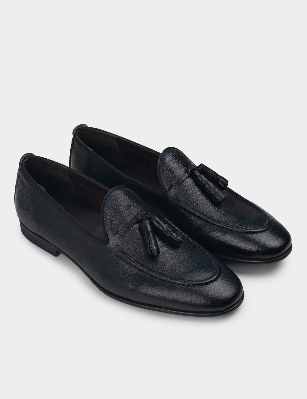 Men's Dark Navy Leather Loafers - 01701MLCVC17