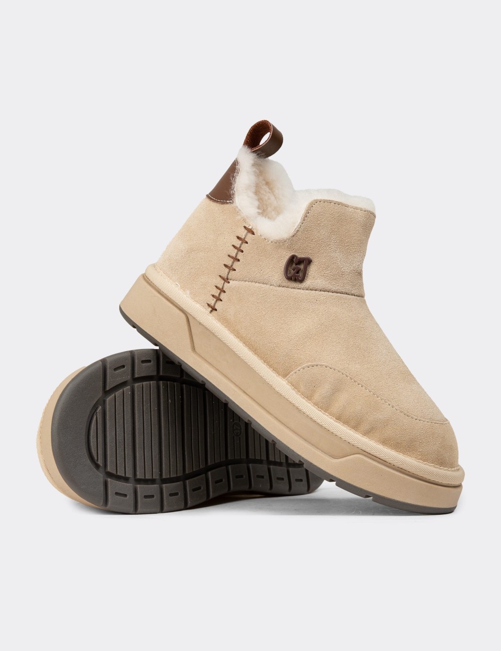 Women's Beige Suede Leather Ankle Boots - 26486ZBEJC01