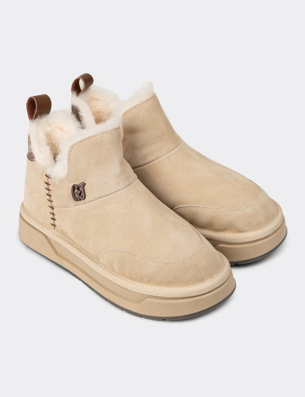 Women's Beige Suede Leather Ankle Boots - 26486ZBEJC01
