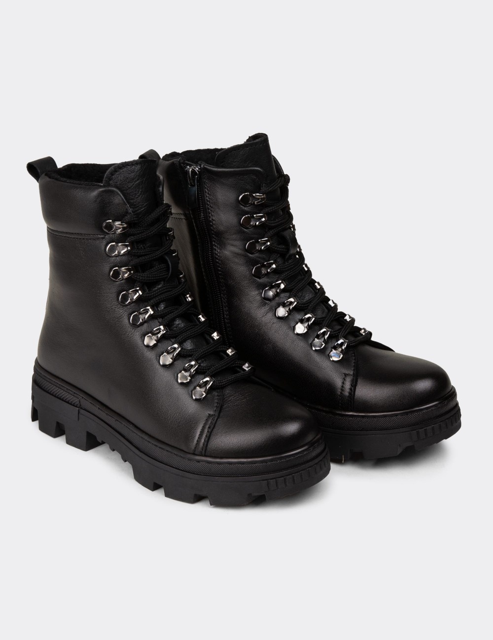 Women's Black Leather Postal Boots - SE495ZSYHE01