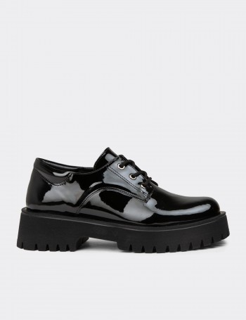Women's Black Leather Lace-up Shoes