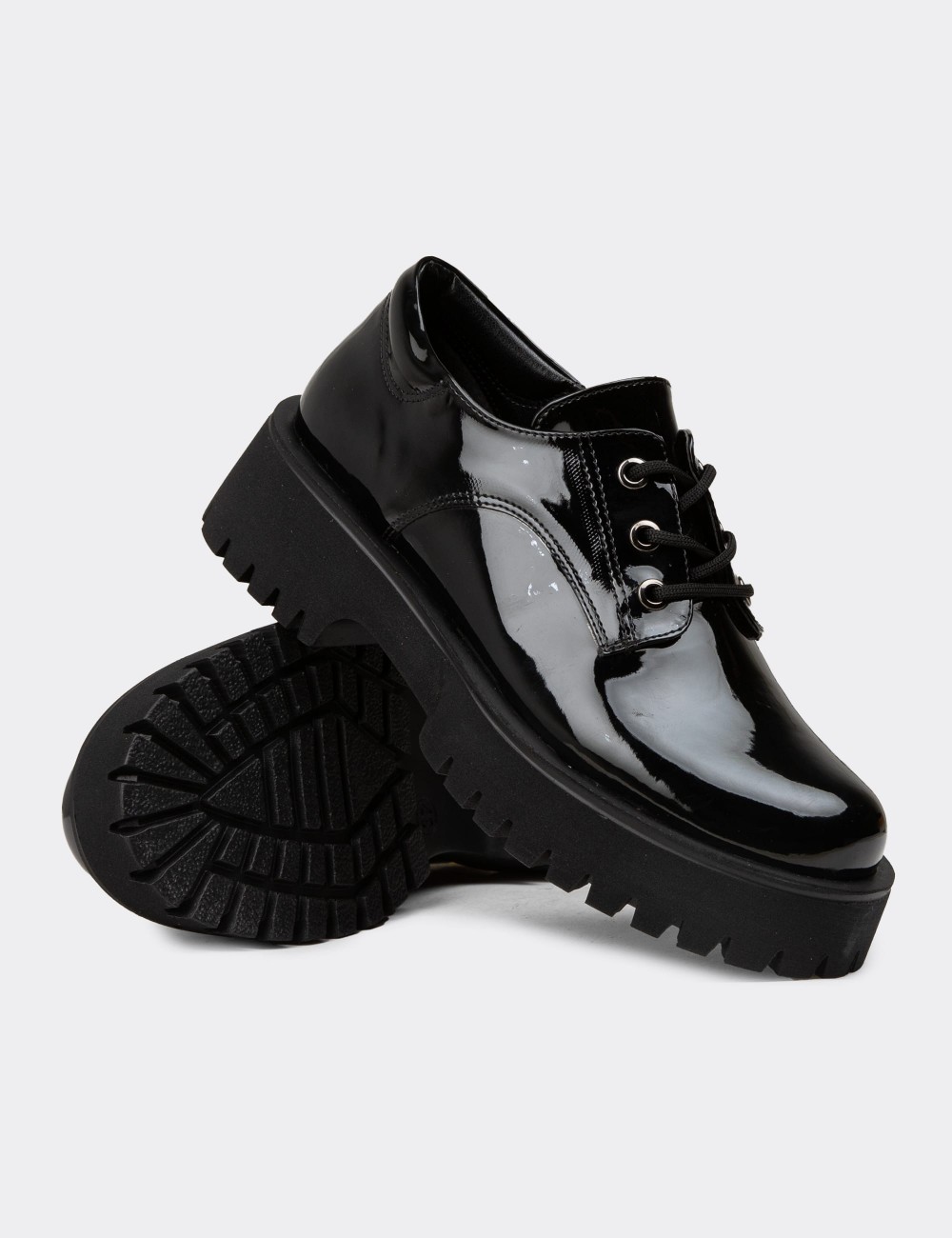 Women's Black Leather Lace-up Shoes - KP001ZSYHE03