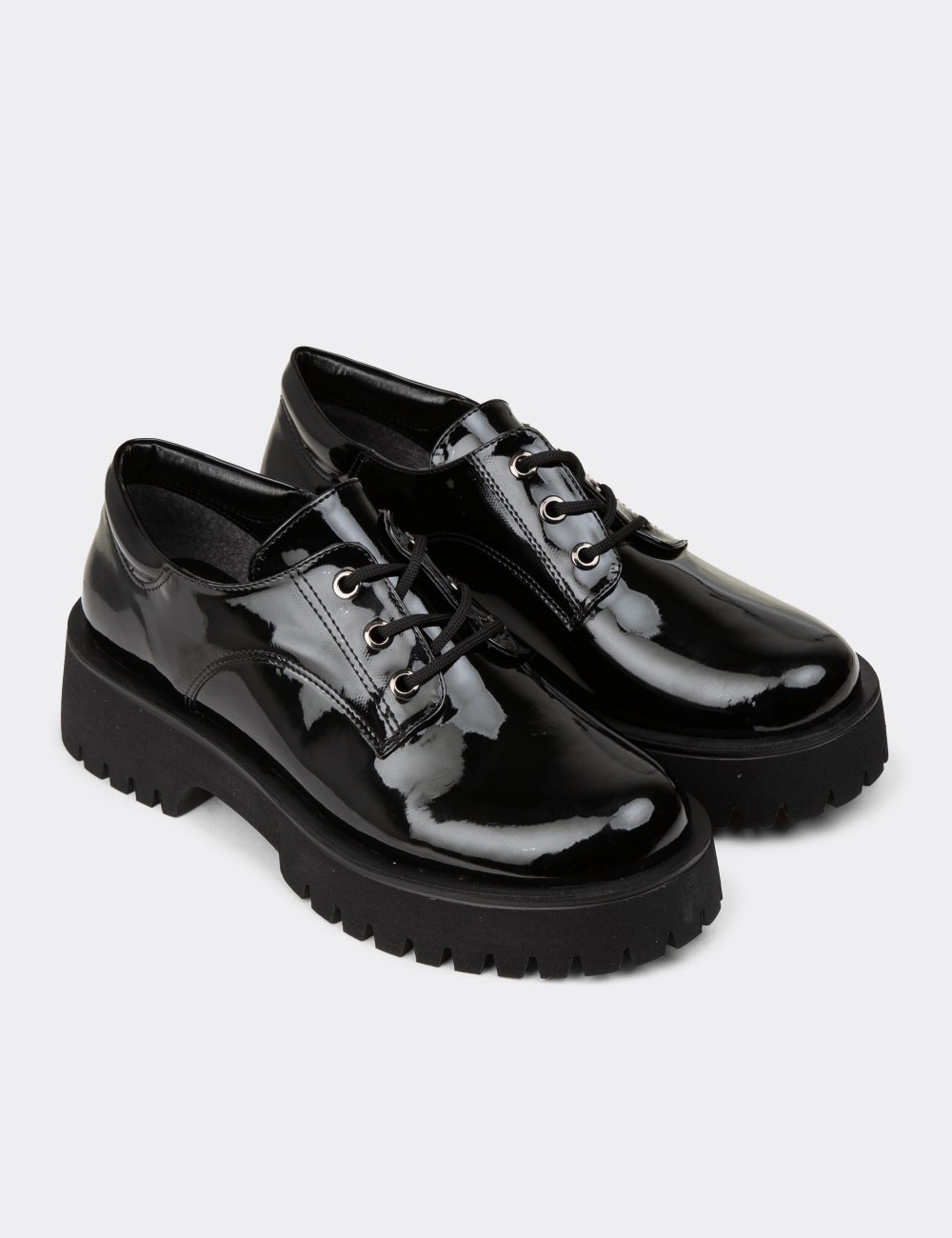 Women's Black Leather Lace-up Shoes - KP001ZSYHE03