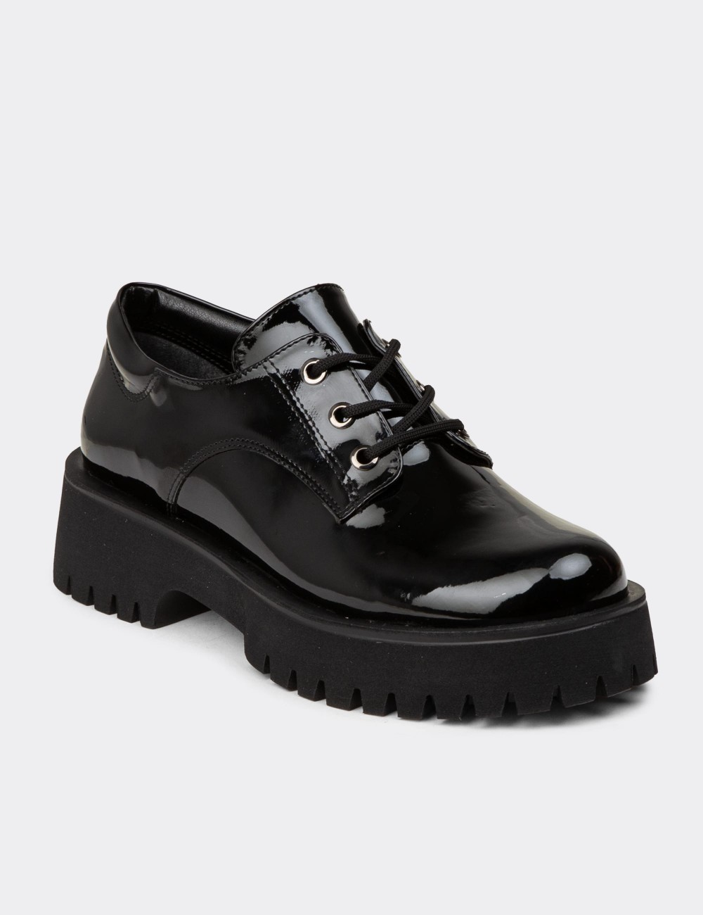 Women's Black Leather Lace-up Shoes - KP001ZSYHE03