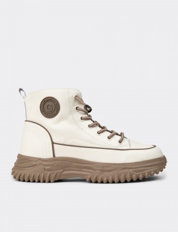 Women's Beige Leather Sneaker Boots
