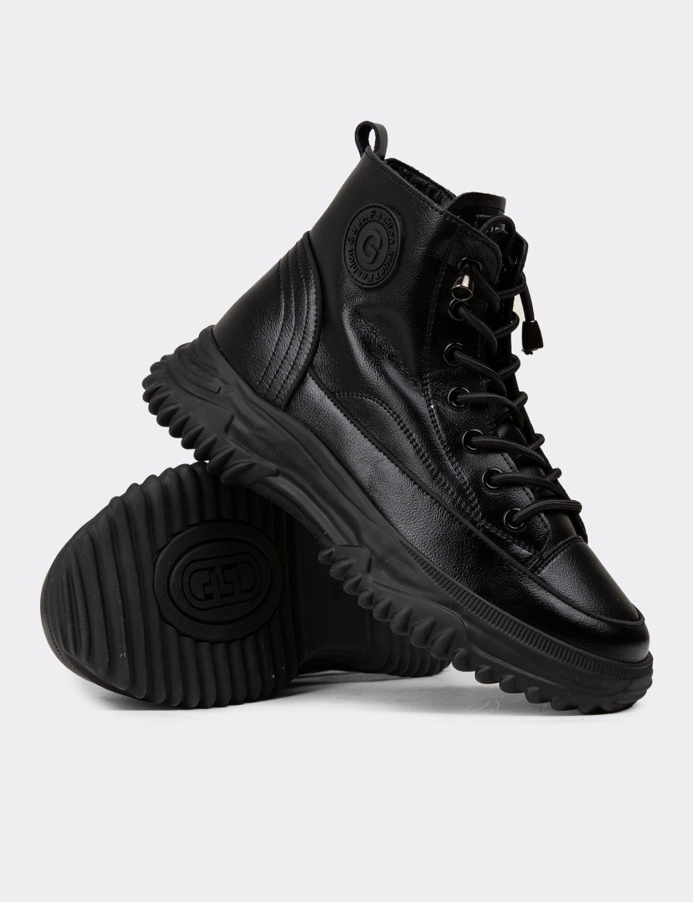 Women's Black Leather Sneaker Boots - 25310ZSYHC01