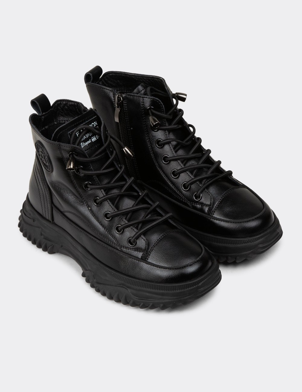 Women's Black Leather Sneaker Boots - 25310ZSYHC01