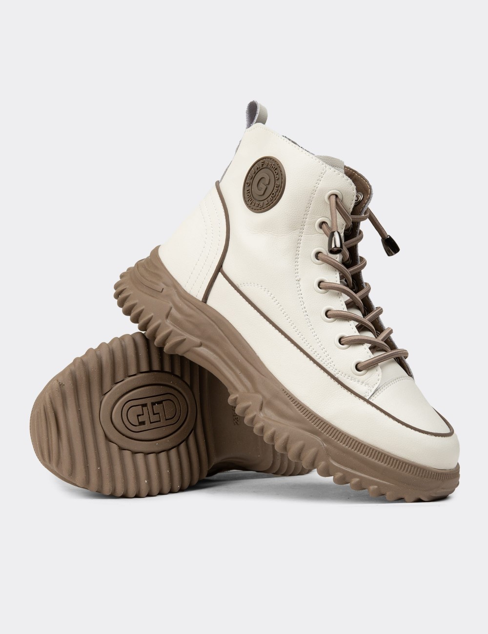 Women's Beige Leather Sneaker Boots - 25310ZBEJC01