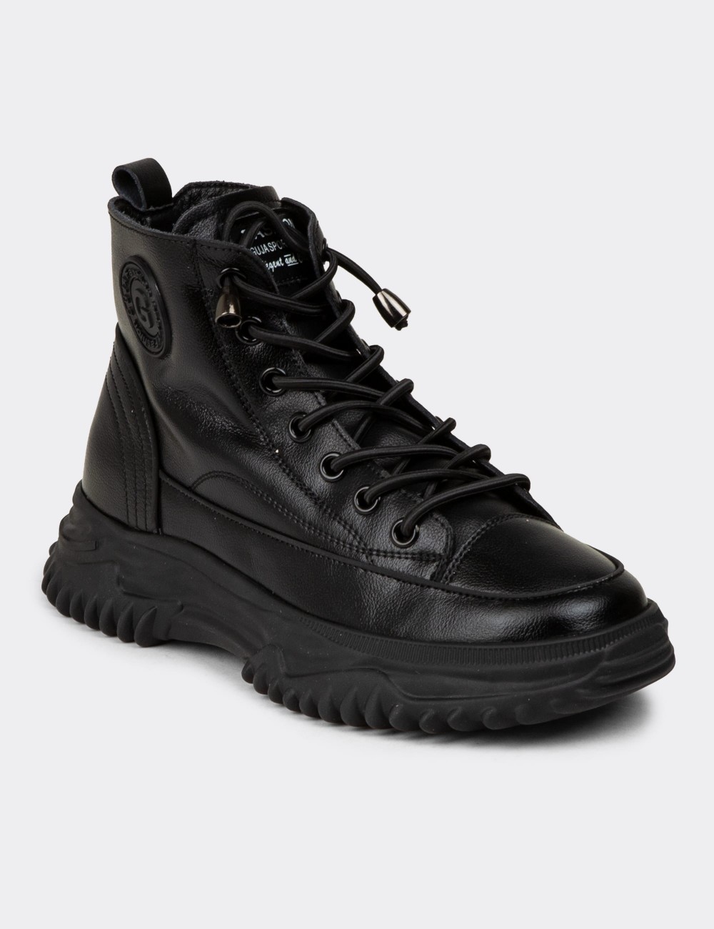 Women's Black Leather Sneaker Boots - 25310ZSYHC01