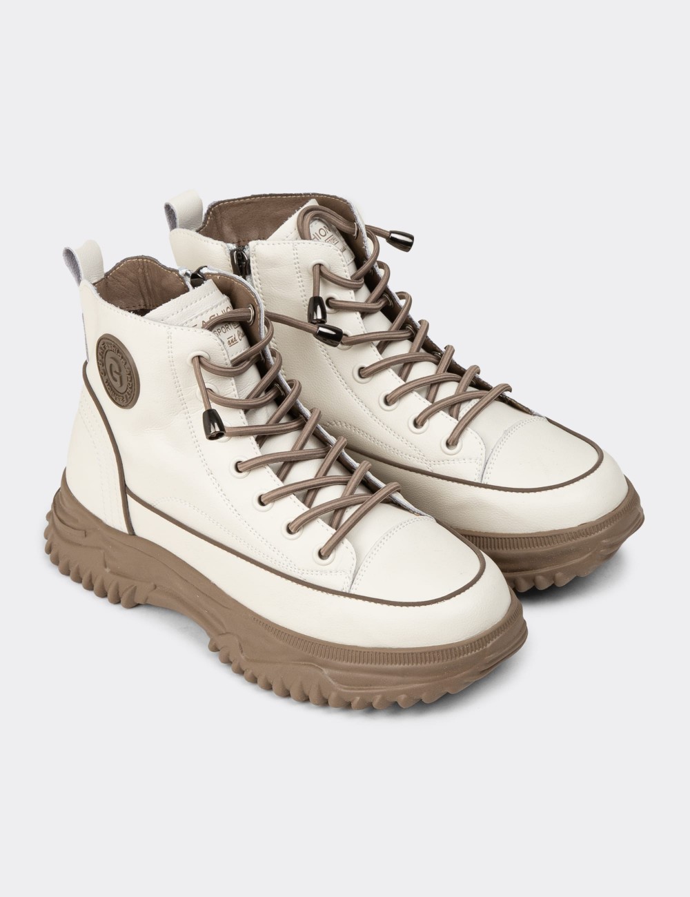Women's Beige Leather Sneaker Boots - 25310ZBEJC01