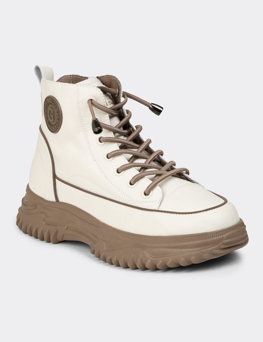 Women's Beige Leather Sneaker Boots - 25310ZBEJC01