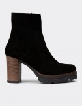 Women's Black Suede Leather Heeled Boots