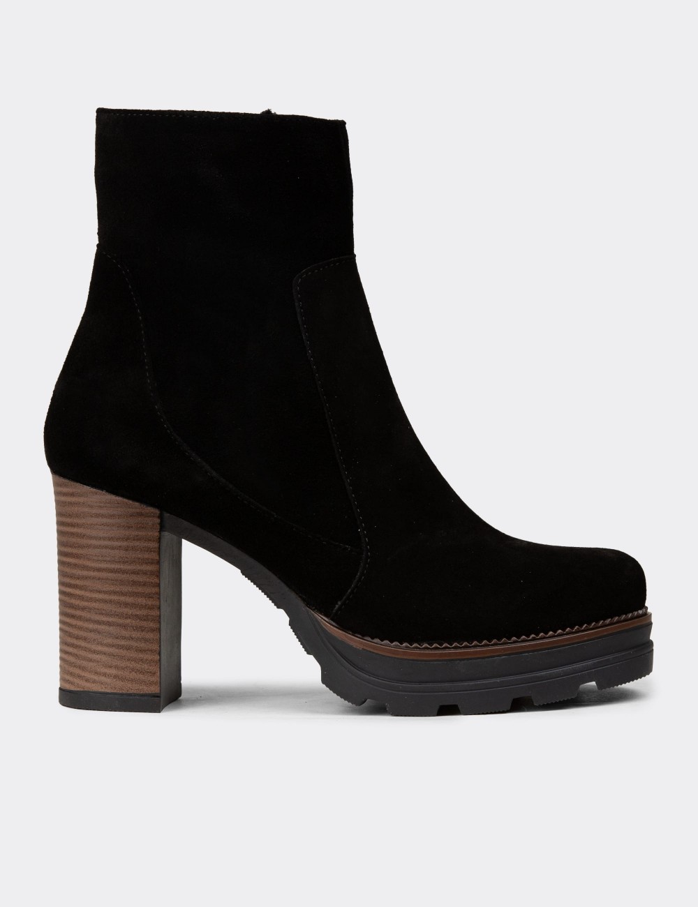 Women's Black Suede Leather Heeled Boots - N7020ZSYHC01