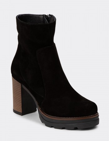 Women's Black Suede Leather Heeled Boots