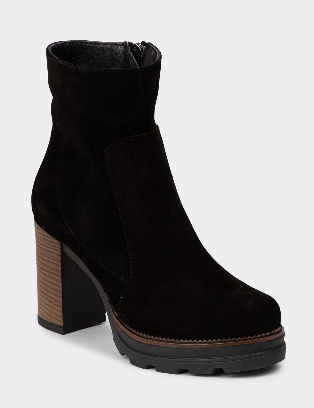 Women's Black Suede Leather Heeled Boots - N7020ZSYHC01