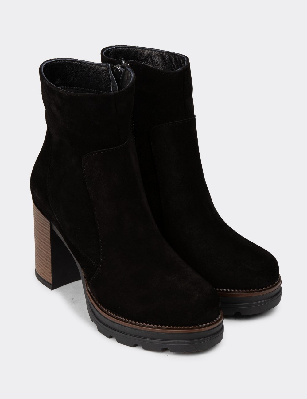 Women's Black Suede Leather Heeled Boots - N7020ZSYHC01