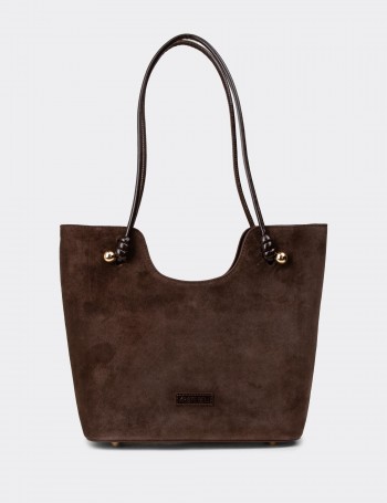 Brown Suede Leather Shoulder Bag - K7459ZKHVY01