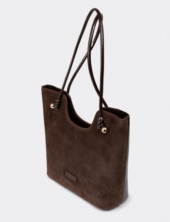 Brown Suede Leather Shoulder Bag - K7459ZKHVY01