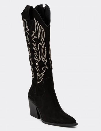 Women's Black Suede Leather Western Boots