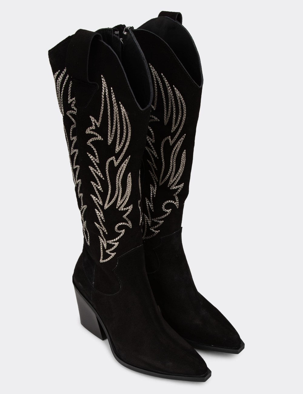 Women's Black Suede Leather Western Boots - Z1614ZSYHC01