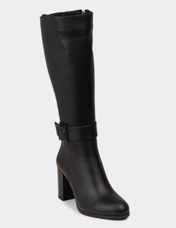 Women's Black Leather Knee-High Boots