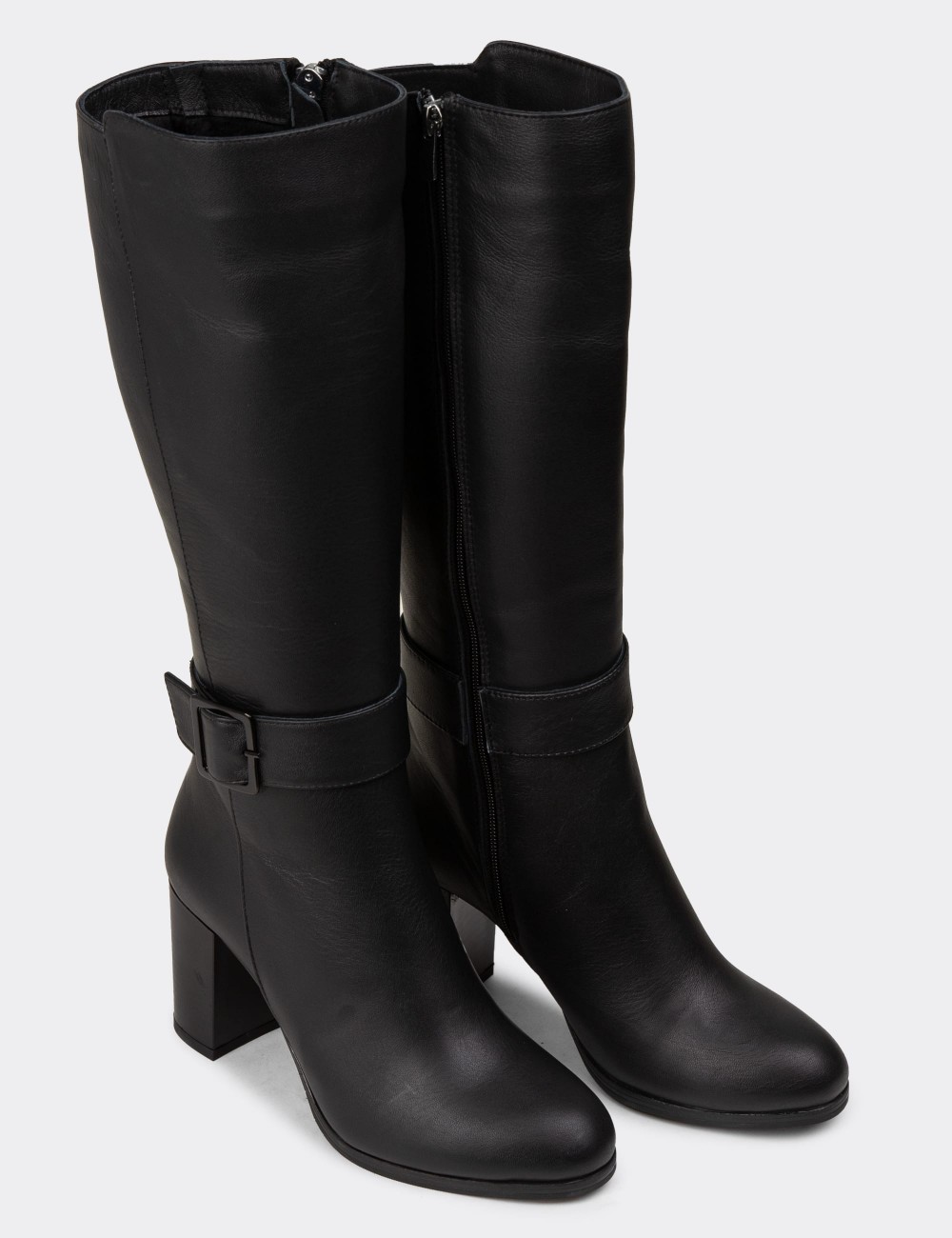 Women's Black Leather Knee-High Boots - A2137ZSYHC02 Women's Black Leather Knee-High Boots - A2137ZSYHC02