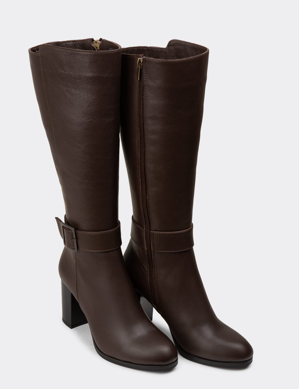 Women's Brown Leather Knee-High Boots - A2137ZKHVC01 Women's Brown Leather Knee-High Boots - A2137ZKHVC01