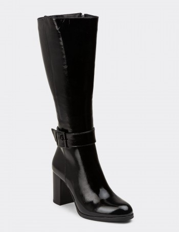 Women's Black Patent Leather Knee-High Boots