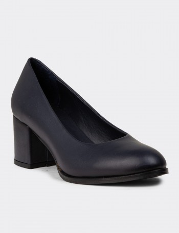 Women's Navy Leather Heeled Shoes