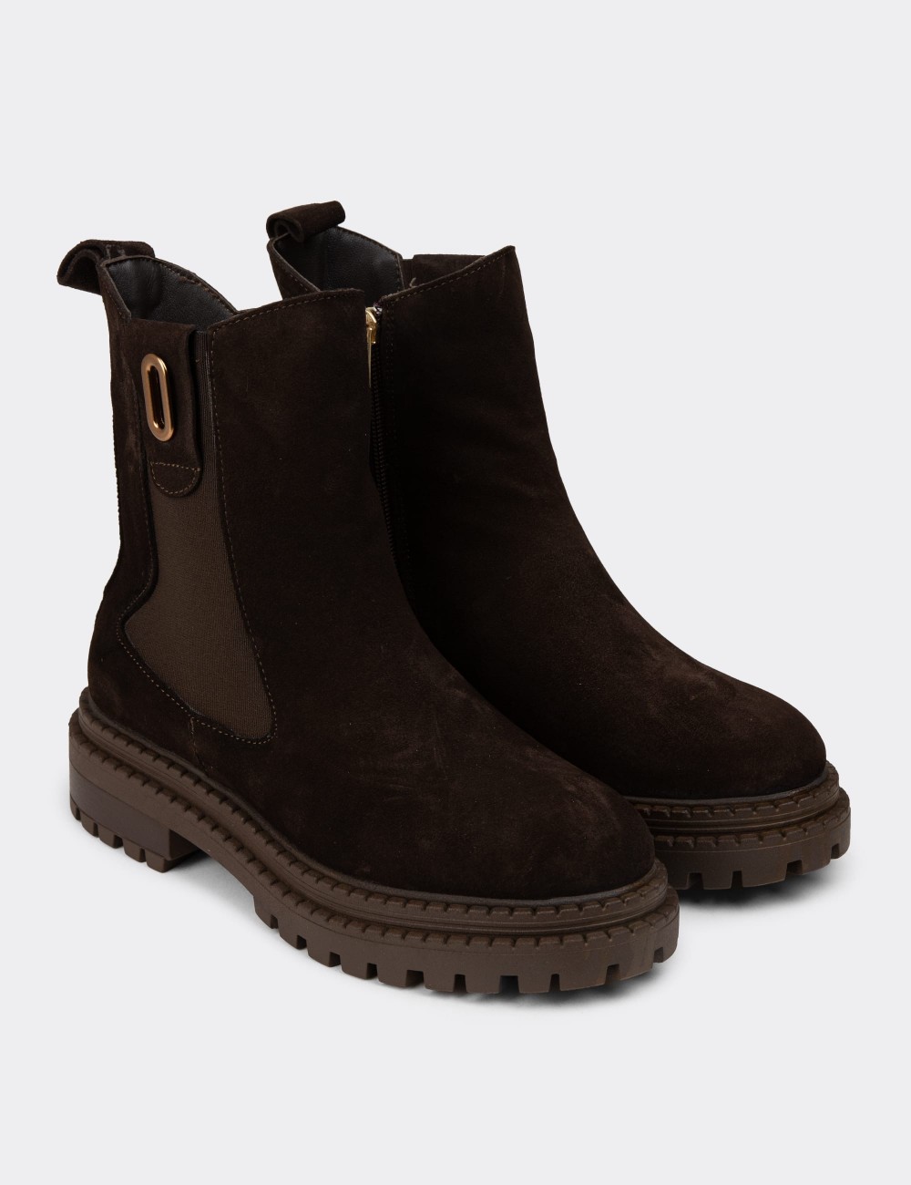 Women's Brown Suede Leather Ankle Boots - 61821ZKHVC01