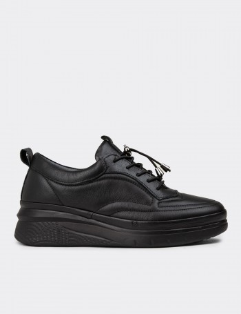 Women's Black Leather Lace-up Shoes