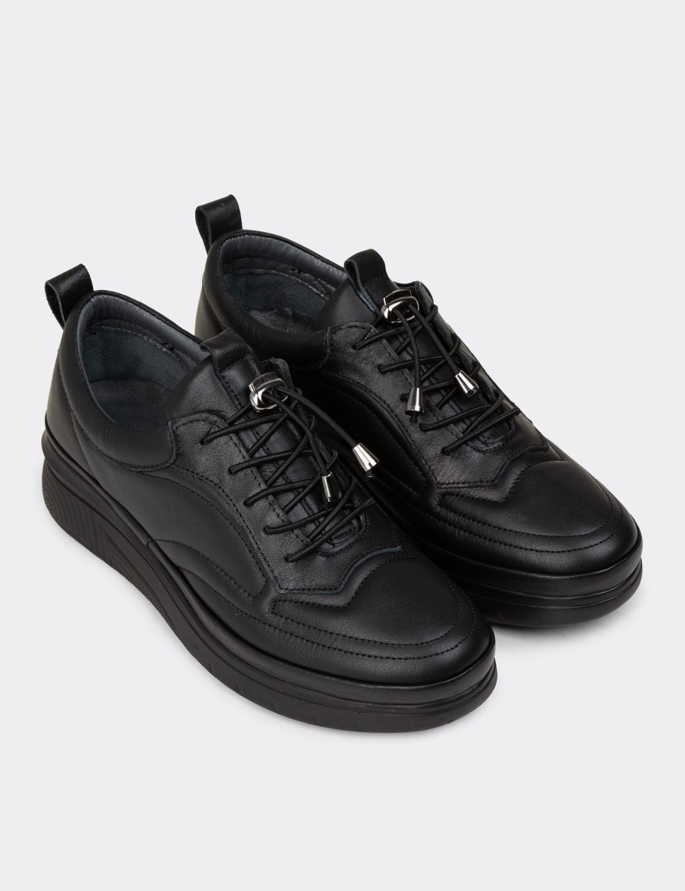 Women's Black Leather Lace-up Shoes - N0120ZSYHC01 Women's Black Leather Lace-up Shoes - N0120ZSYHC01