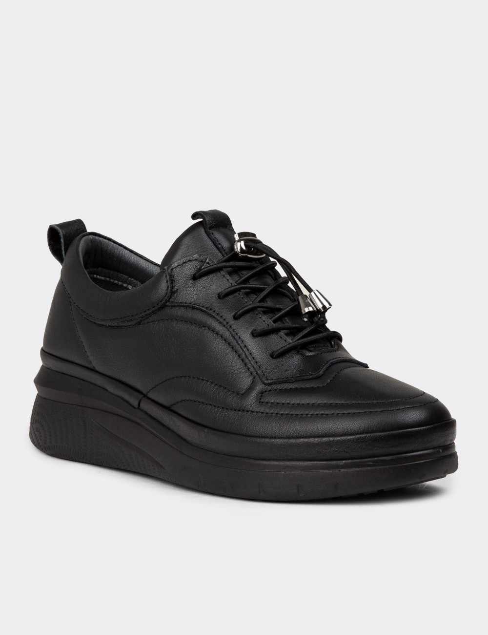 Women's Black Leather Lace-up Shoes - N0120ZSYHC01 Women's Black Leather Lace-up Shoes - N0120ZSYHC01