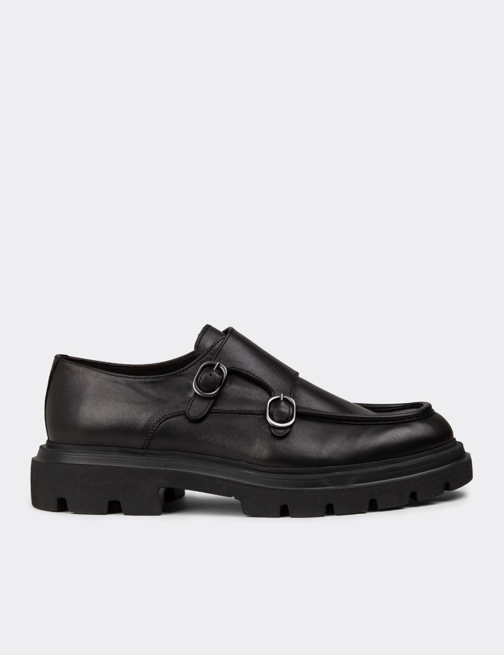 Men's Black Leather Double Monk Strap Shoes - 02008MSYHE01