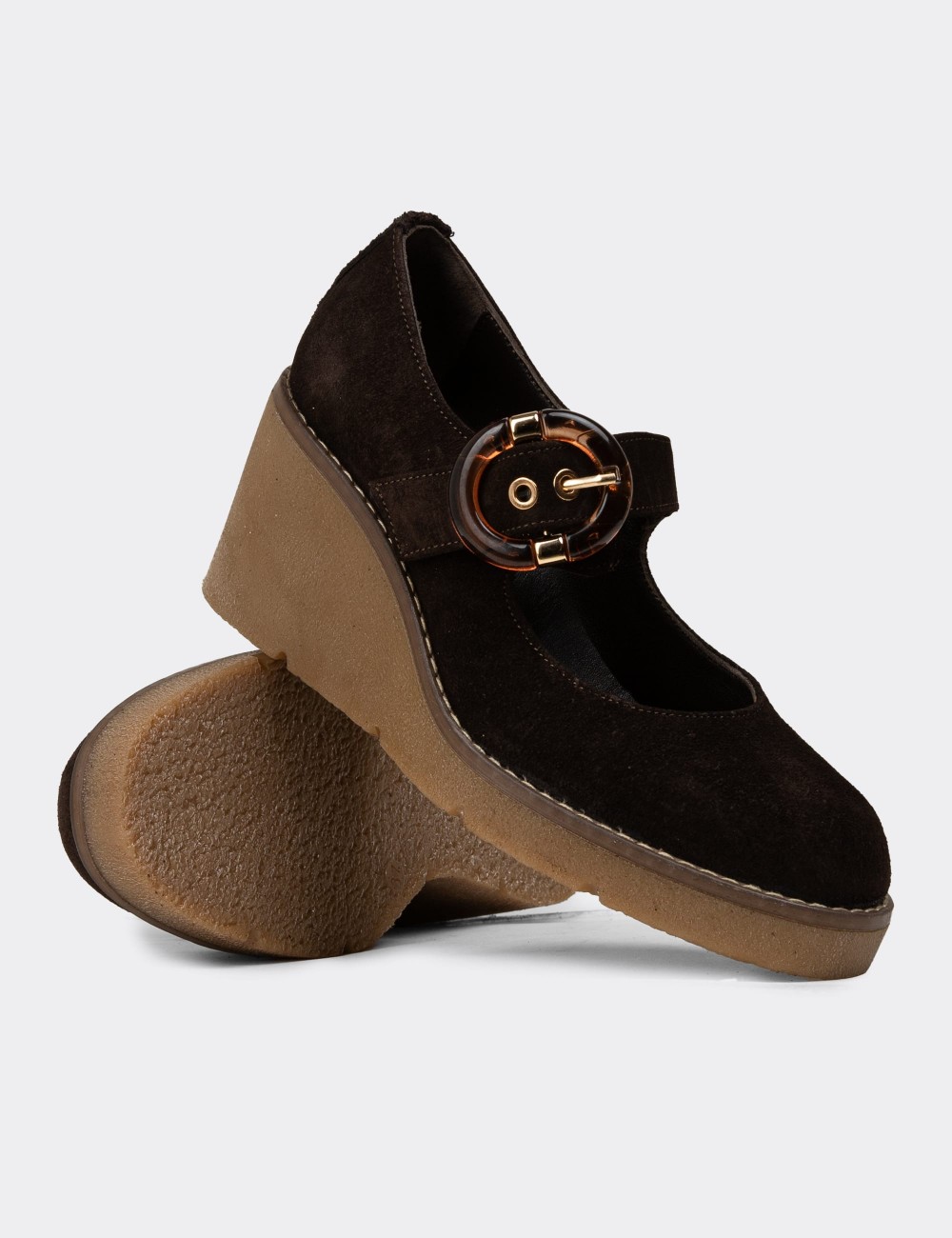 Women's Brown Suede Leather Mary Jane Shoes - 61780ZKHVC01 Women's Brown Suede Leather Mary Jane Shoes - 61780ZKHVC01